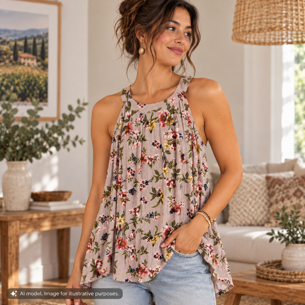 Altard State Shirt Womens Small Tan Floral Sleeveless Halter Round Neck Blouse